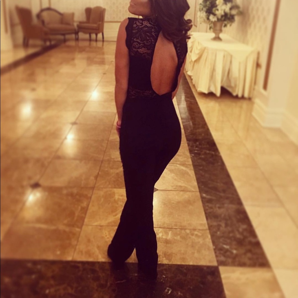 Black lace jumpsuit with open back